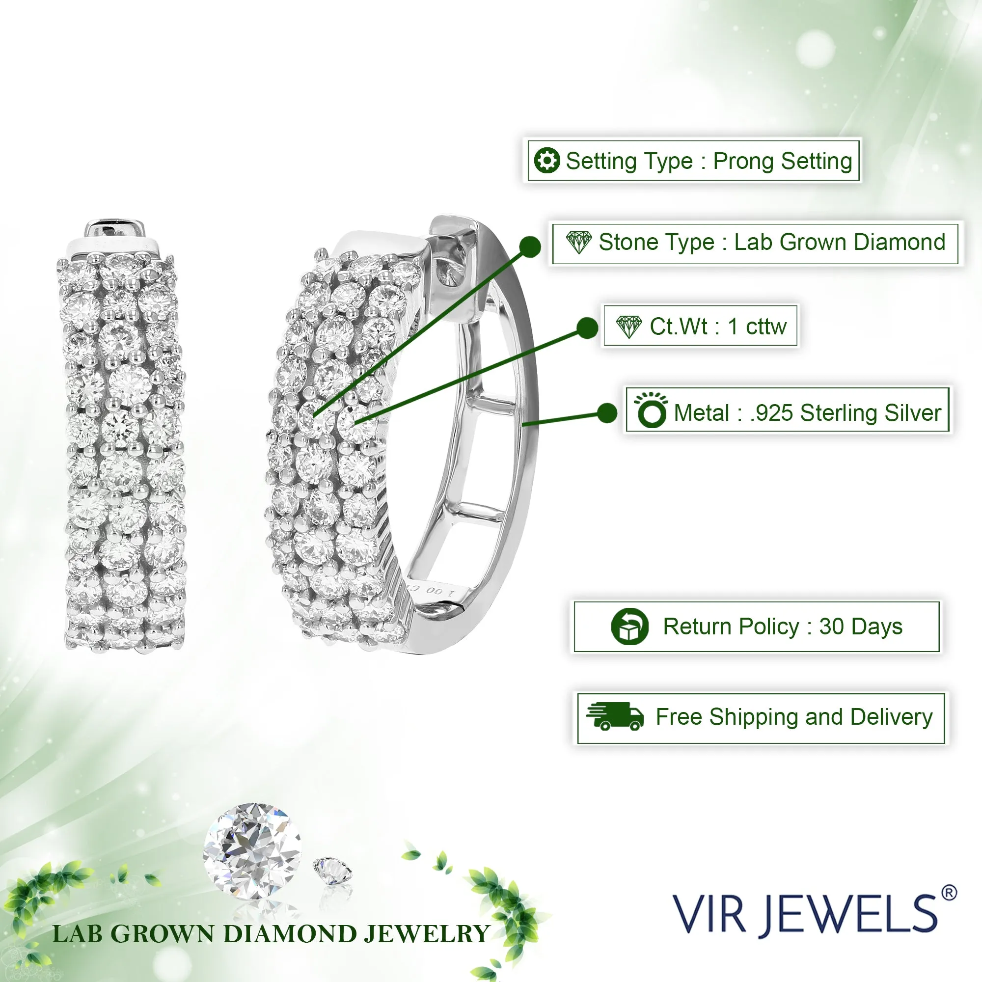 1 cttw 70 Stones Round Lab Grown Diamond Hoop Earrings .925 Sterling Silver Prong Set 3/4 Inch