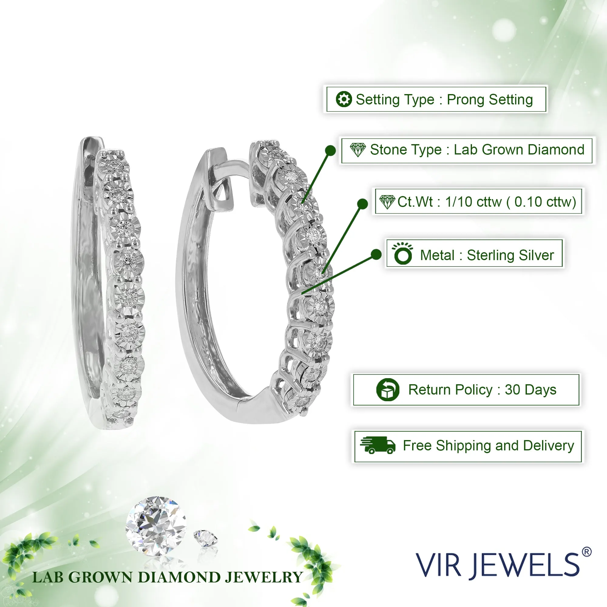 1/10 cttw Round Cut Lab Grown Diamond Hoop Earrings in .925 Sterling Silver Prong Set 2/3 Inch