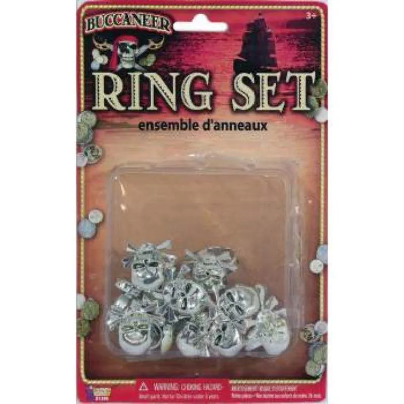 12 Pack Pirate Silver Skull Rings