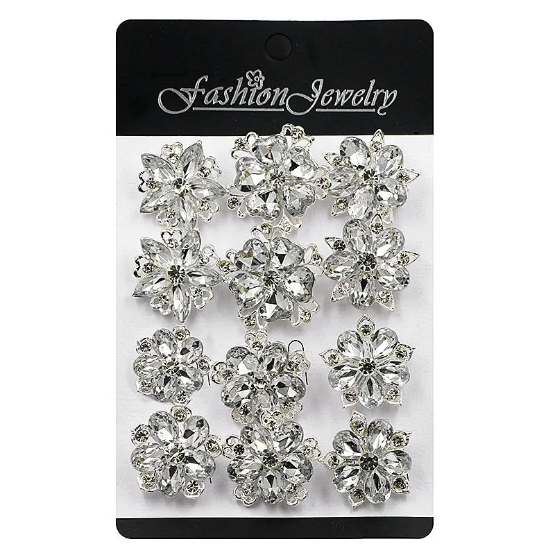 12 Pcs of Gold Rhinestone Crystal Flower Brooch BR-049