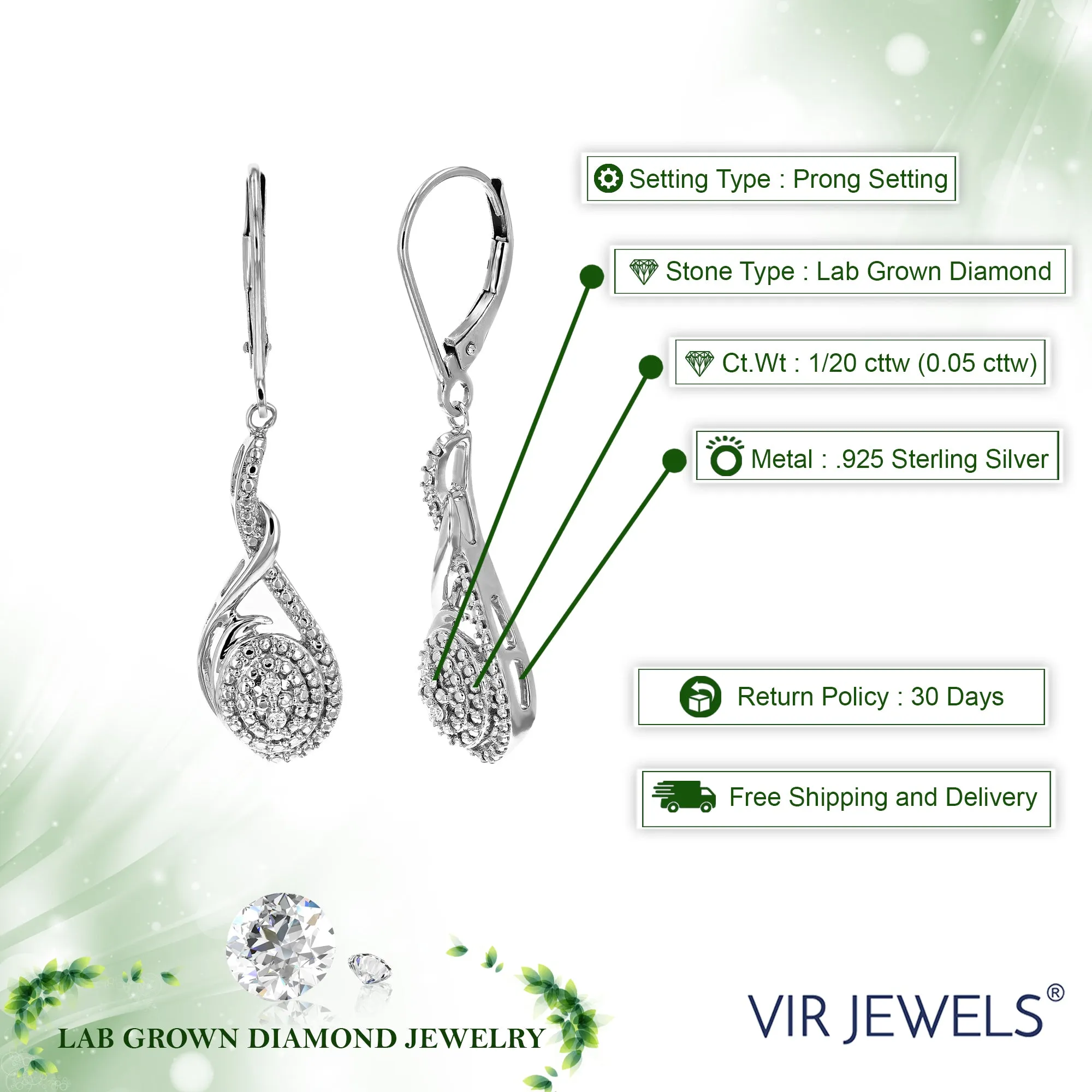 1/20 cttw 4 Stones Round Lab Grown Diamond Dangle Earrings .925 Sterling Silver Prong Set, 2/5 Inch