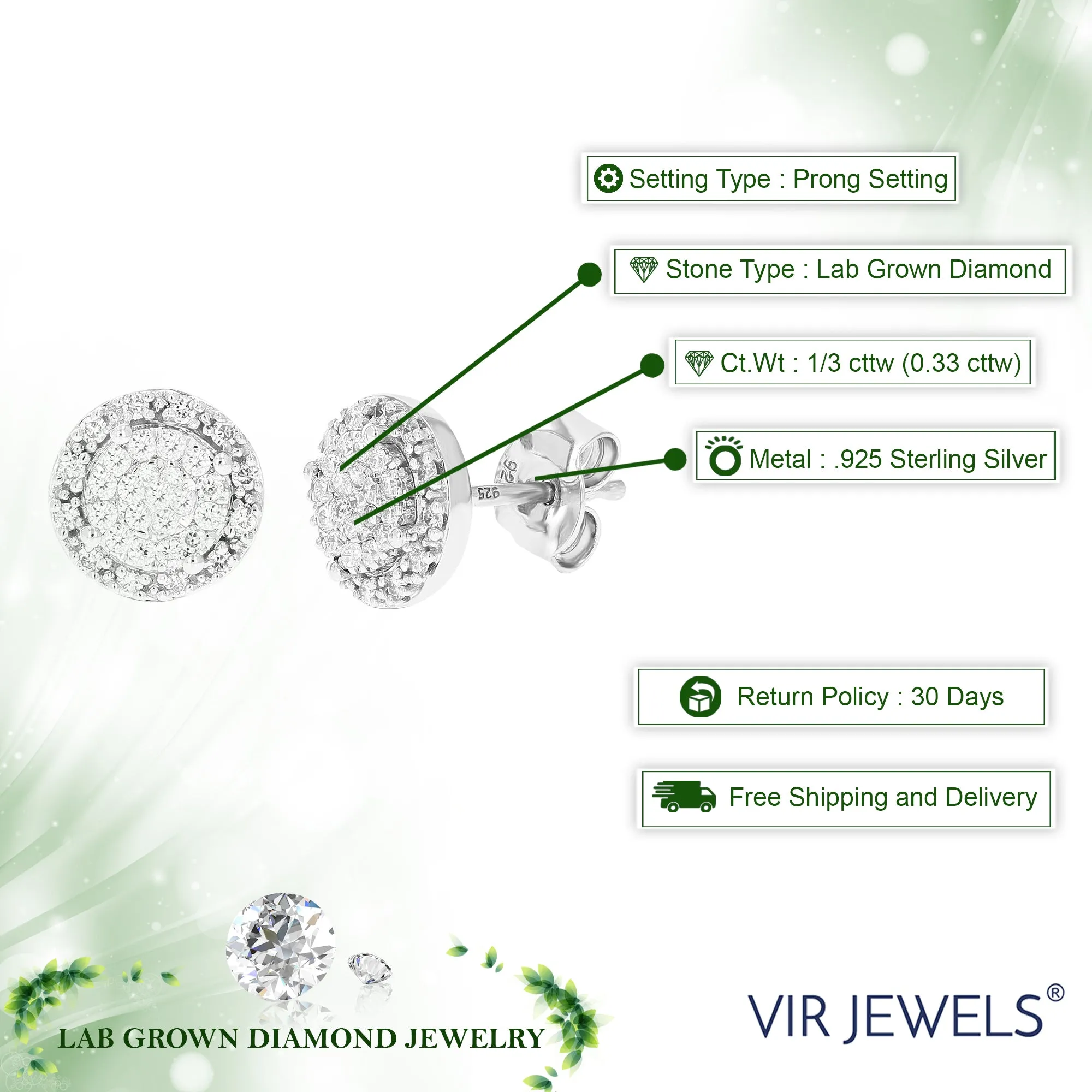 1/3 cttw 62 Stones Round Lab Grown Diamond Studs Earrings .925 Sterling Silver Prong Set Round Shape