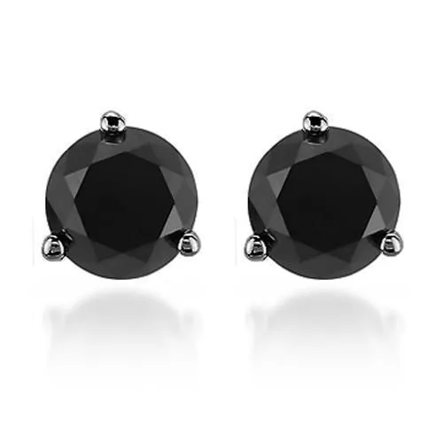 14K Solid Gold Black Rhodium Plated Black Diamond Solitaire Stud Earrings 1.90 Ctw