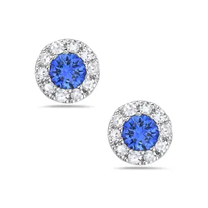 14K White Gold Sapphire & Diamond Halo Small Stud Earrings