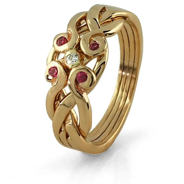 14K Yellow 4 Band Ruby Diamond Celtic Puzzle Ring 4ANG-RD