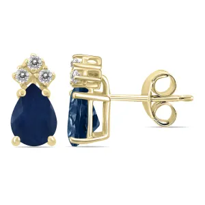 14K Yellow Gold 6X4Mm Pear Sapphire And Three Stone Diamond Earrings