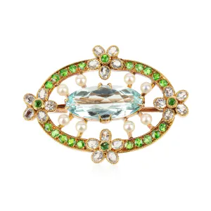 14K Yellow Gold Oval Aquamarine, Pearl, Garnet, & Sapphire Brooch