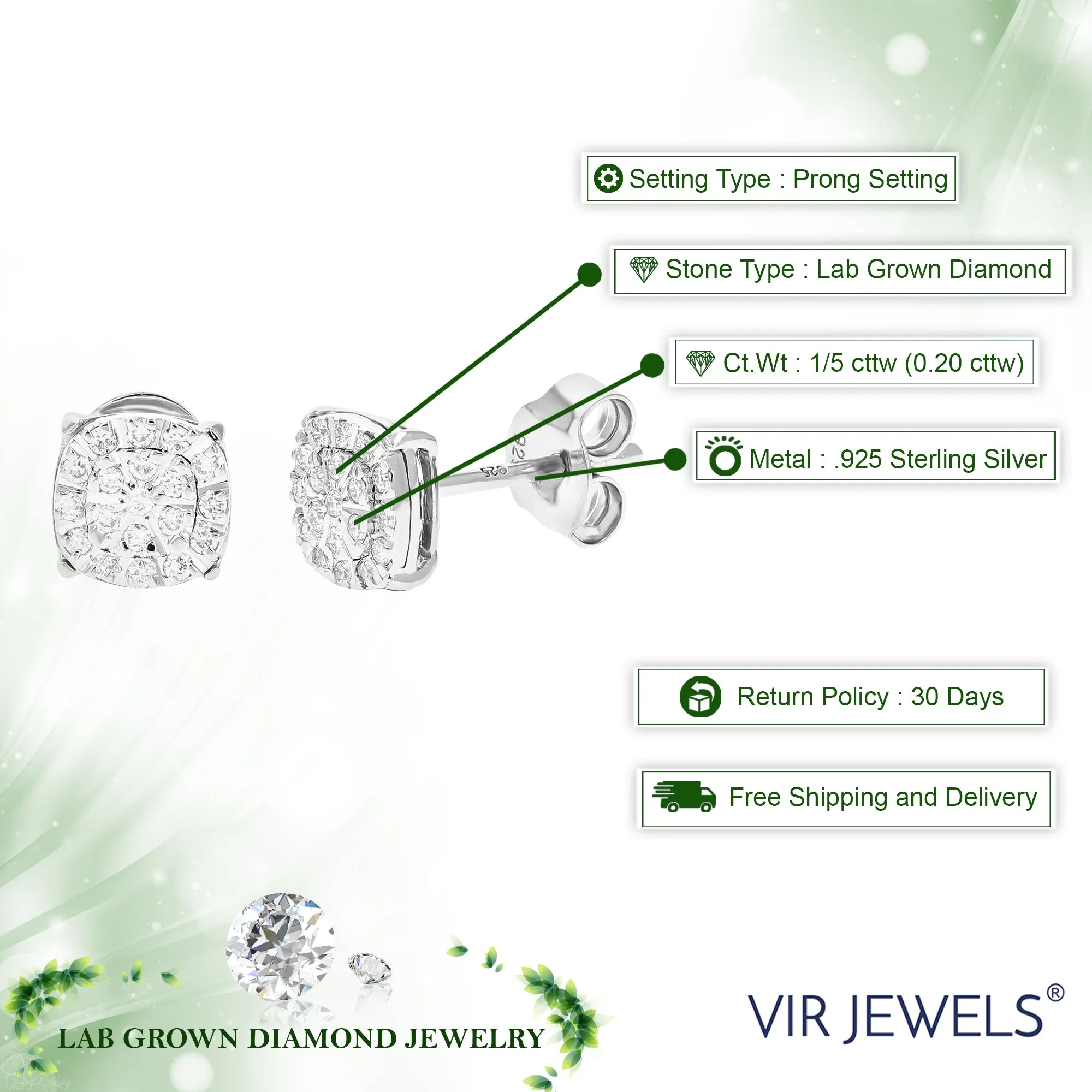 1/5 cttw 42 Stones Round Lab Grown Diamond Studs Earrings .925 Sterling Silver Prong Set Square Shape