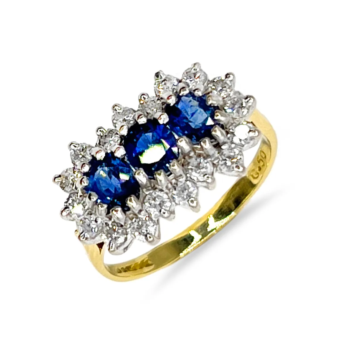 1.50ct Sapphire and Diamond Three Stone Ring | Pre-Loved | 18K Yellow Gold