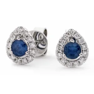 18ct White Gold 0.45ct Round Brilliant Cut Sapphire and 0.20ct Diamond Pear Halo Stud Earrings