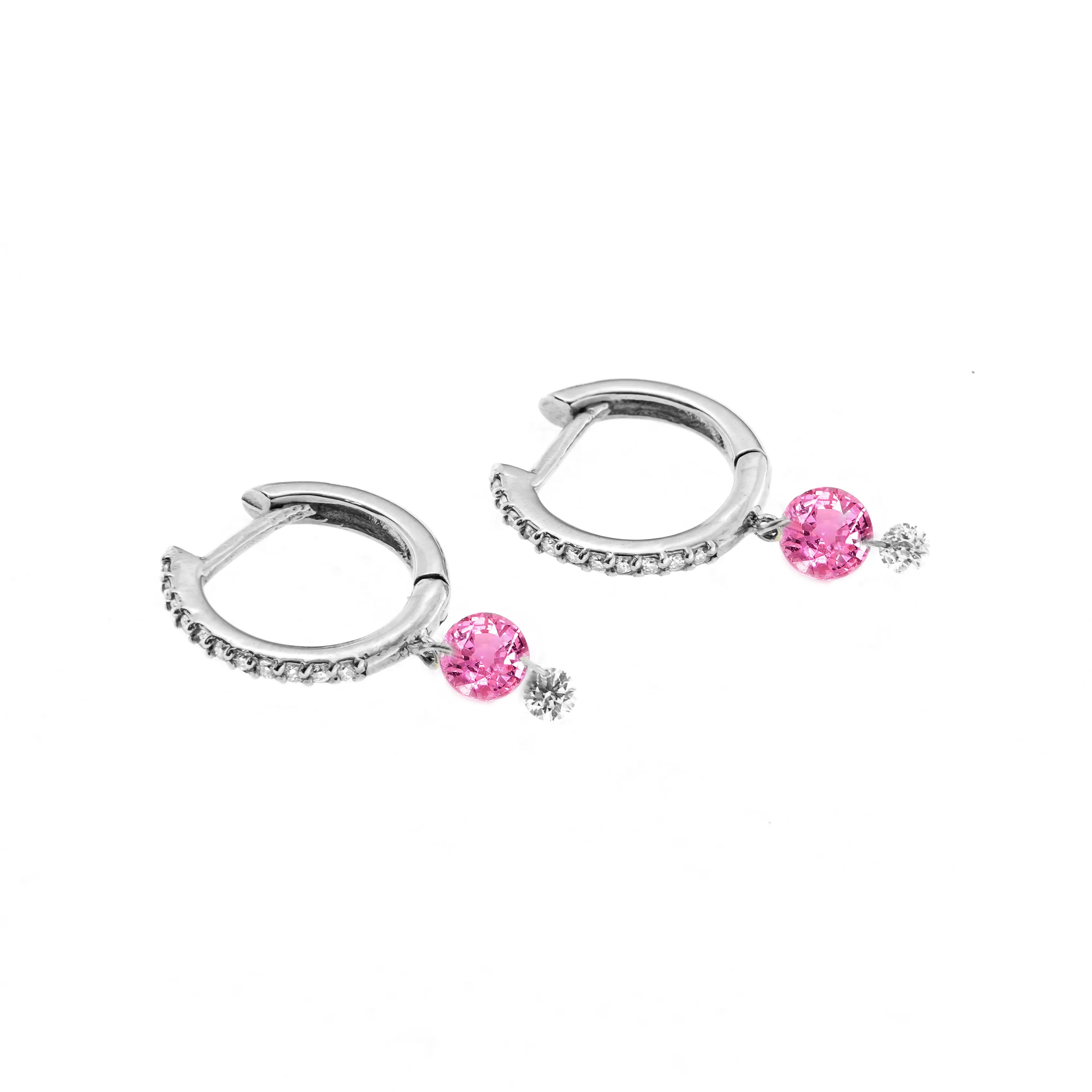 18K Gold Drilled Pink Sapphire an Pave Diamond Huggie Hoops Earrings