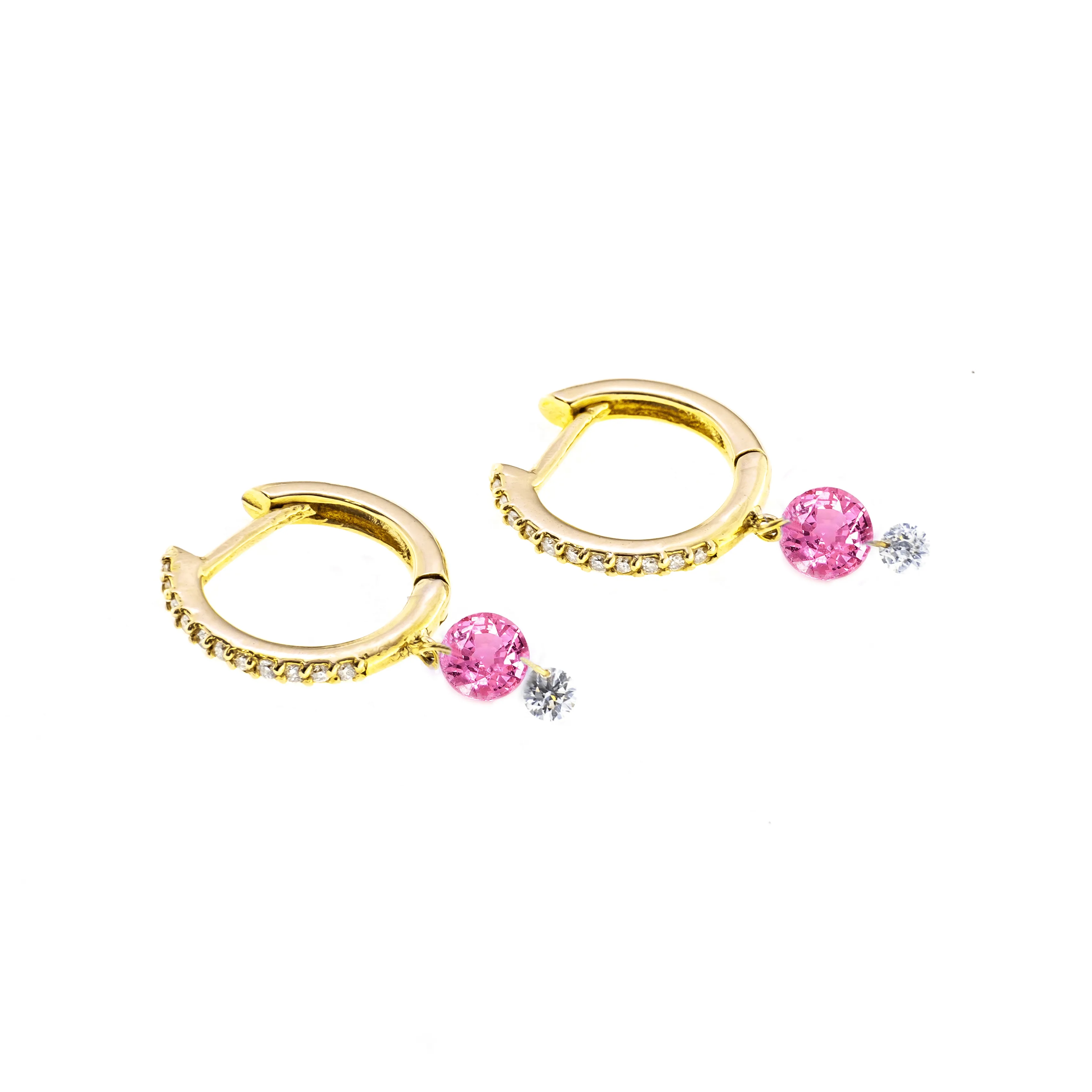 18K Gold Drilled Pink Sapphire an Pave Diamond Huggie Hoops Earrings