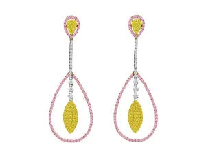 18k Gold Pink, Yellow and White Diamond Pear Shaped Drop Earrings