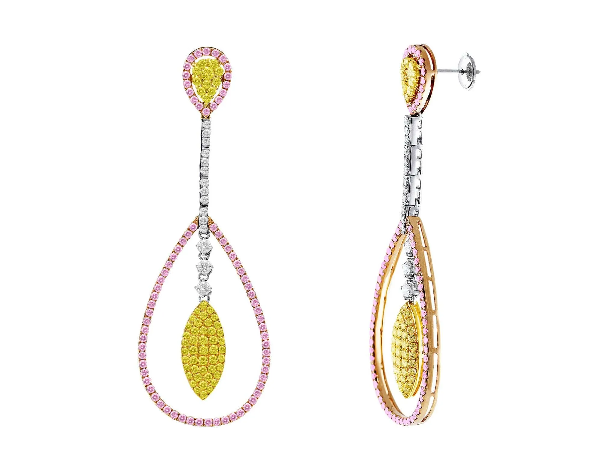 18k Gold Pink, Yellow and White Diamond Pear Shaped Drop Earrings