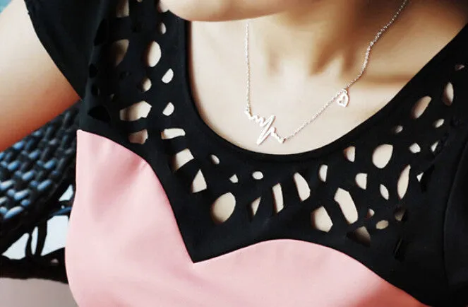 18K Gold Plated ECG Heart Necklace Clavicle Choker Pendant Necklace