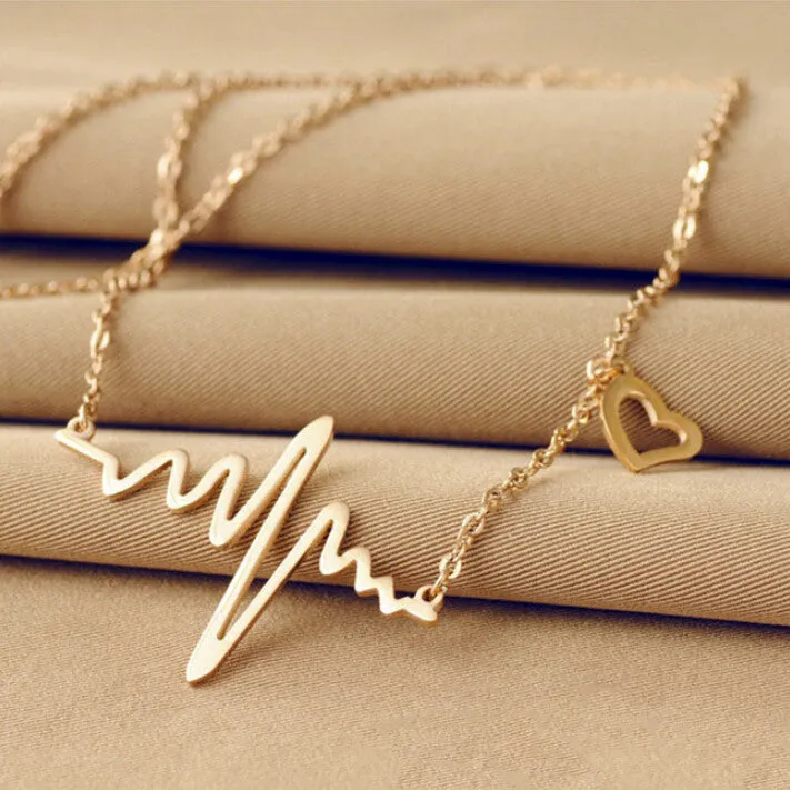 18K Gold Plated ECG Heart Necklace Clavicle Choker Pendant Necklace