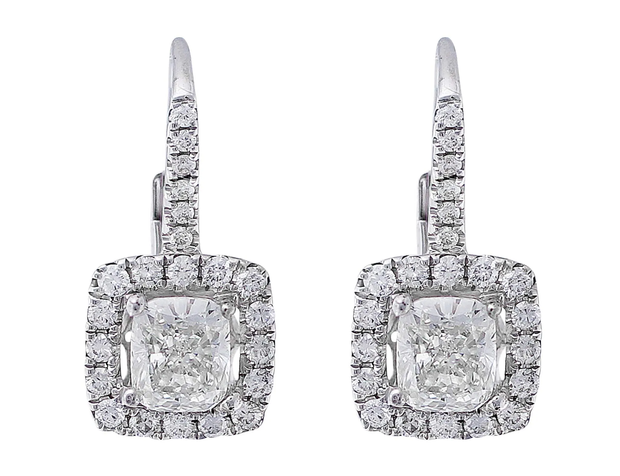 18k White Gold Cushion Cut Diamond Drop Earrings