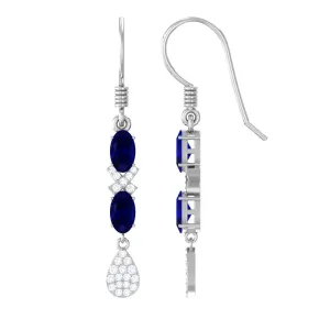 2 CT Oval Cut Blue Sapphire and Diamond Dangle Earrings