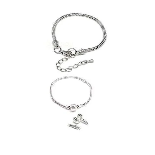 2 (Two) Silver Tone Snake Chain Classic Bead Barrel Clasp  Starter Master Lobster Clasp Bracelet 6.5"