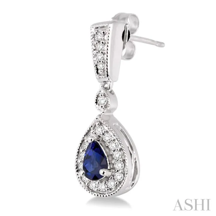 5x3mm Pear Shape Sapphire and 1/3 Ctw Round Cut Diamond Earrings in 14K White Gold