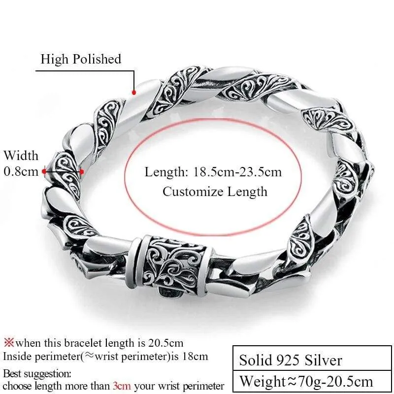 925 Silver Bracelet Men Vintage Punk High Polished Auspicious Flowers Embossed  Bracelets Handmade Thai Silver Jewelry