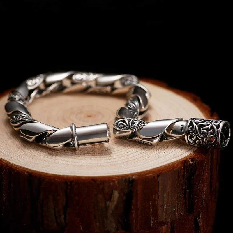 925 Silver Bracelet Men Vintage Punk High Polished Auspicious Flowers Embossed  Bracelets Handmade Thai Silver Jewelry