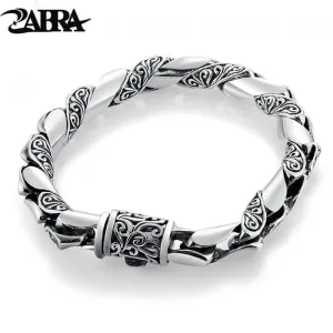 925 Silver Bracelet Men Vintage Punk High Polished Auspicious Flowers Embossed  Bracelets Handmade Thai Silver Jewelry