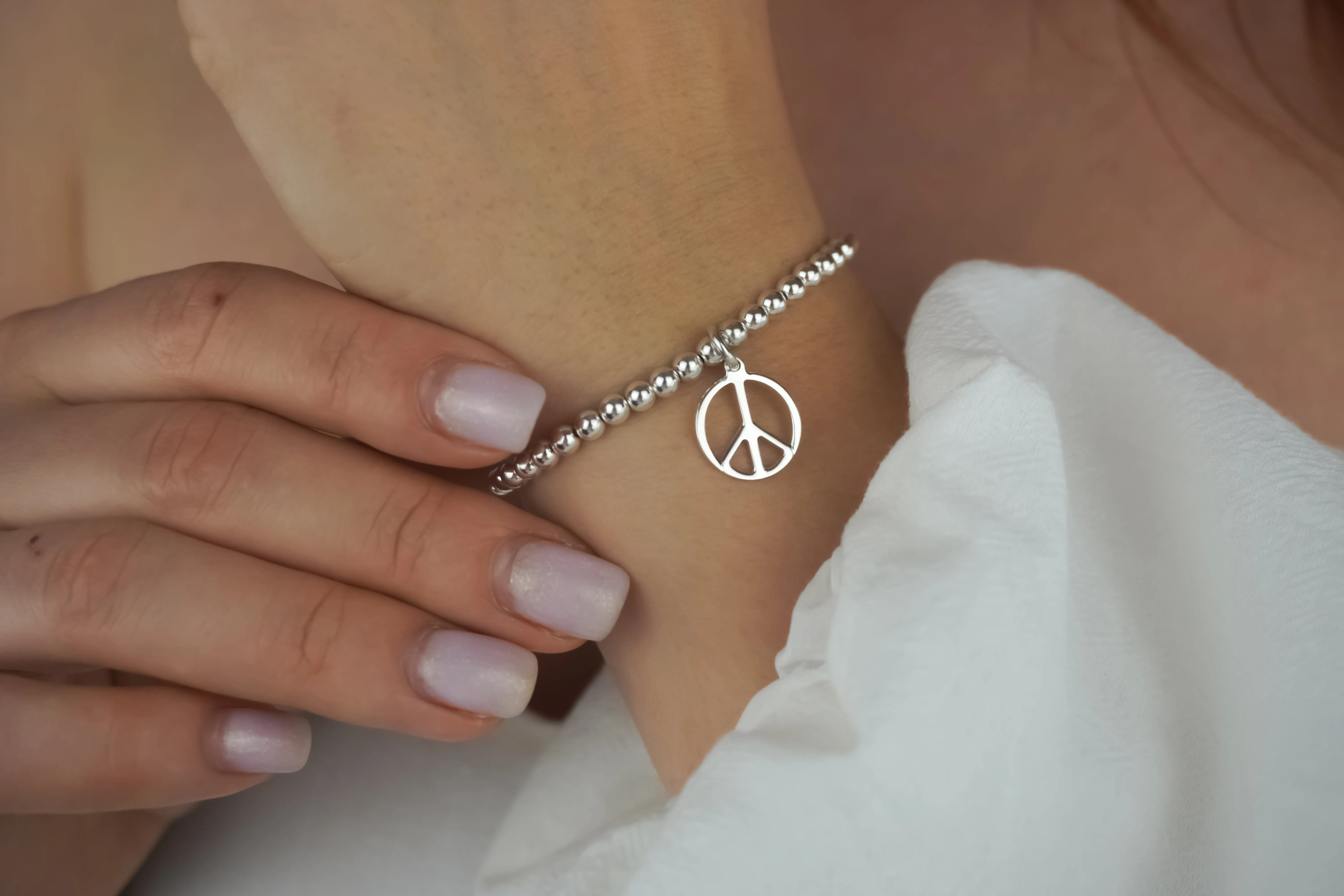 925 Sterling Silver Peace Symbol Stretch Bracelet, Peace Bracelet, Stacked Bracelets, Silver Bracelets