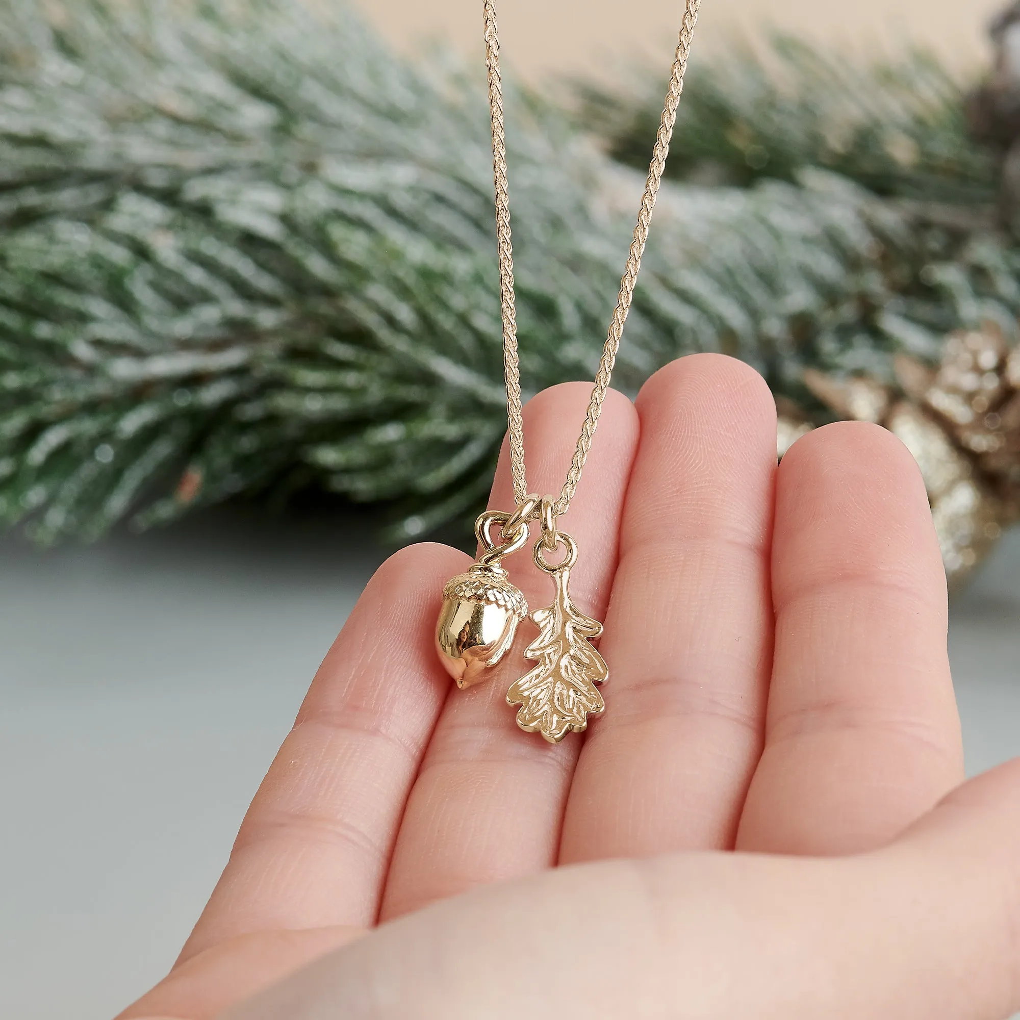 Acorn & Oak Leaf Solid Gold Necklace