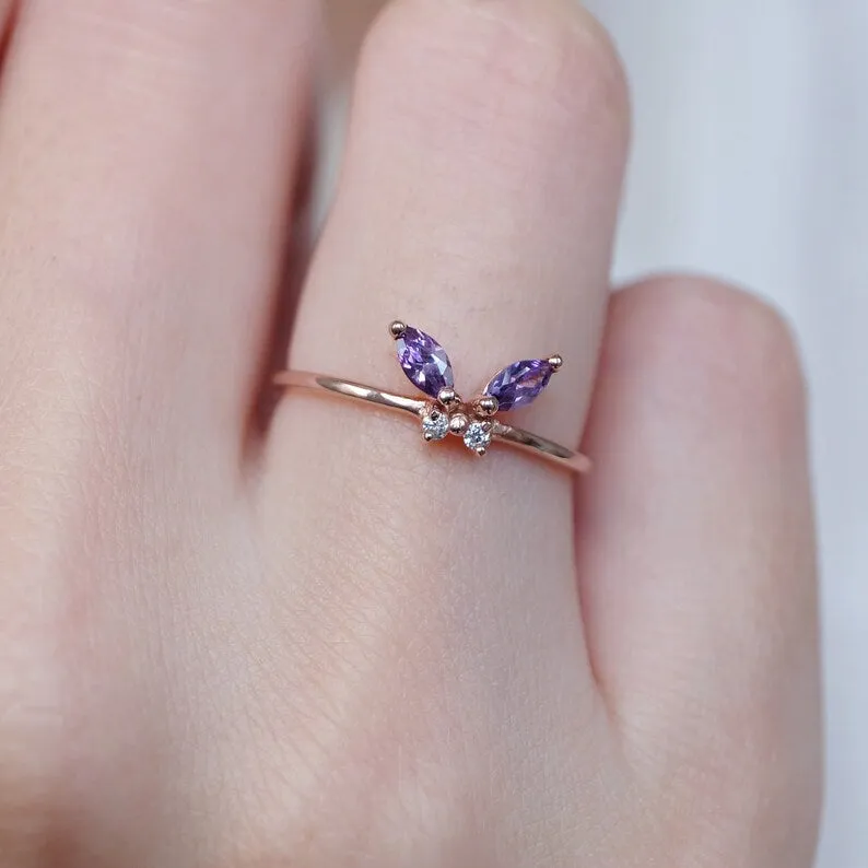 Amethyst Butterfly Rings - 14k Rose Gold Vermeil Rings - Amethyst Promise Rings