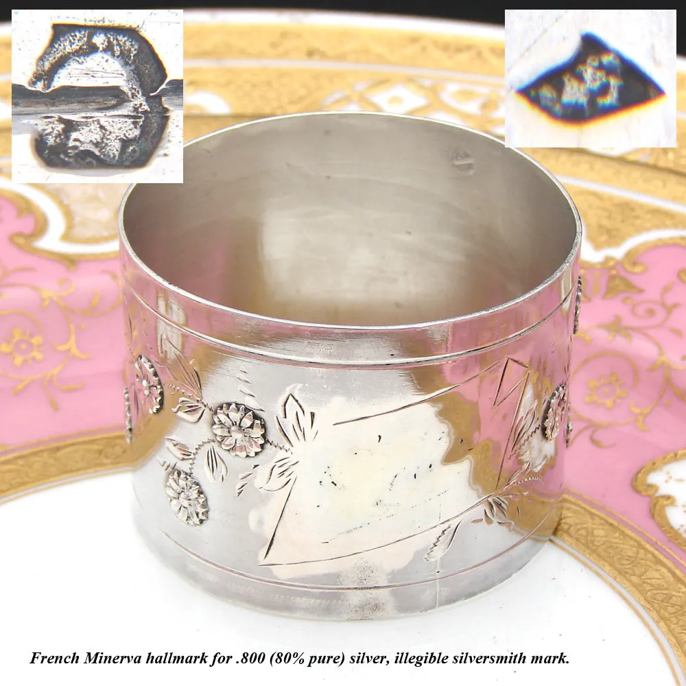 Antique French .800 (nearly sterling) Silver 1 7/8" Napkin Ring, Raised Floral Bas Relief