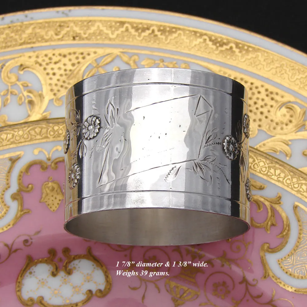 Antique French .800 (nearly sterling) Silver 1 7/8" Napkin Ring, Raised Floral Bas Relief