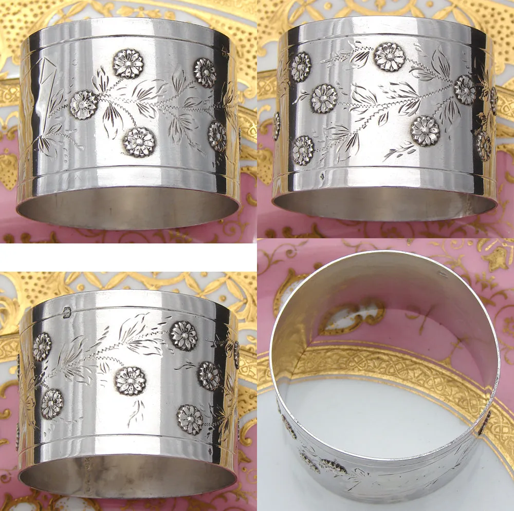 Antique French .800 (nearly sterling) Silver 1 7/8" Napkin Ring, Raised Floral Bas Relief