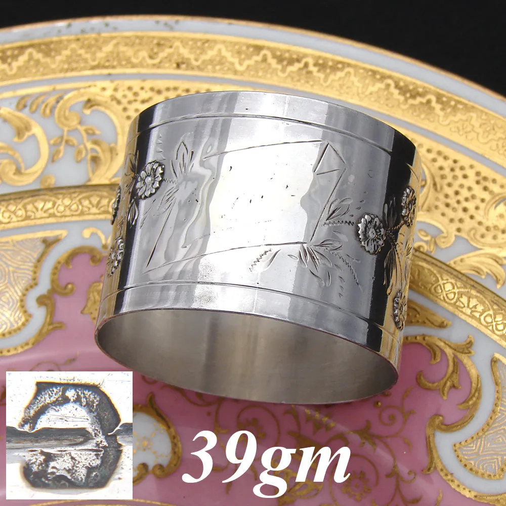 Antique French .800 (nearly sterling) Silver 1 7/8" Napkin Ring, Raised Floral Bas Relief