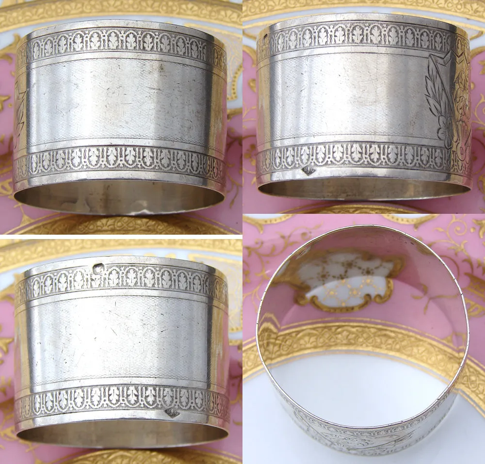 Antique French Sterling Silver 1 7/8" Napkin Ring, Vanity Fan Medallion with "ET" Monogram