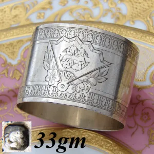 Antique French Sterling Silver 1 7/8" Napkin Ring, Vanity Fan Medallion with "ET" Monogram