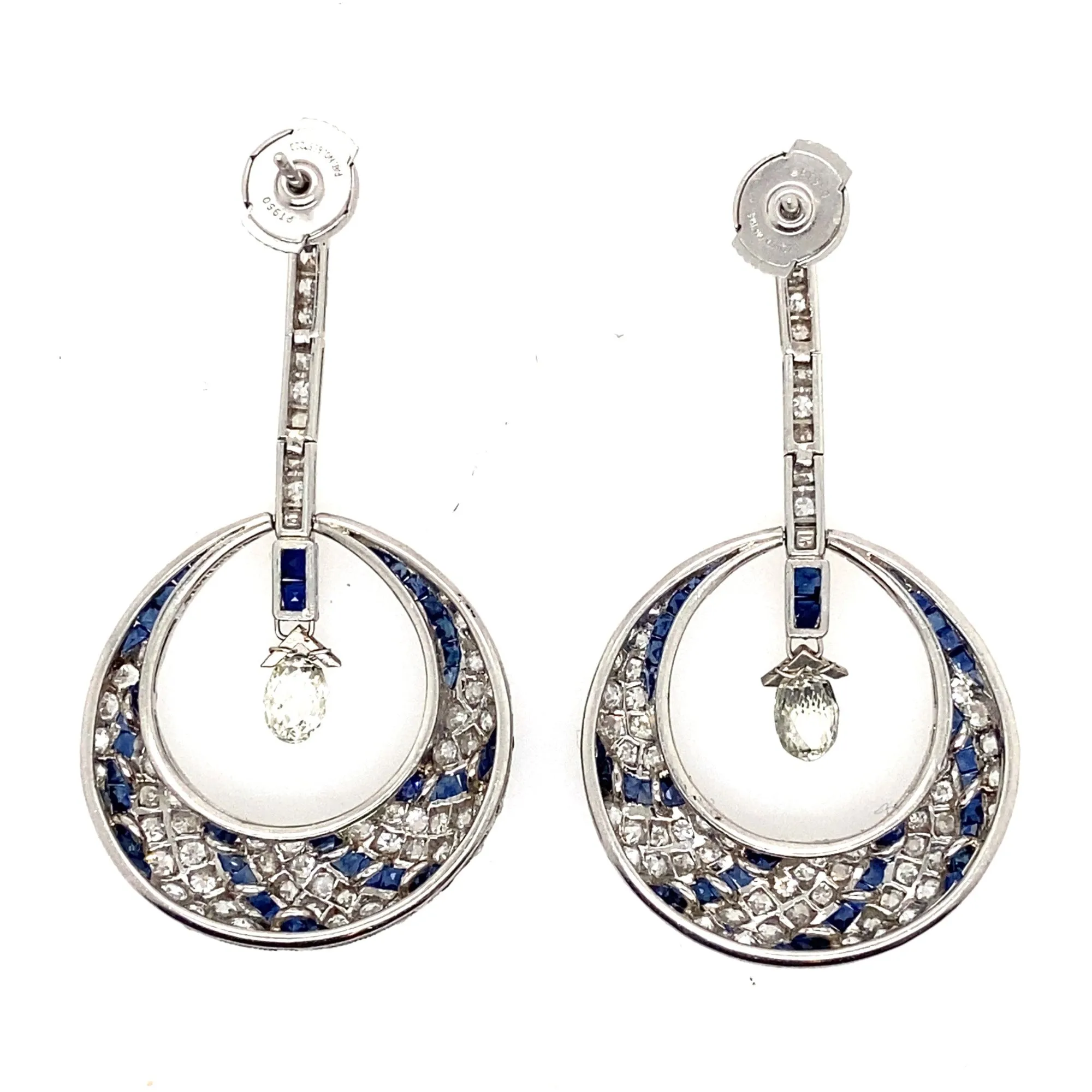 Art Déco platinum diamond and sapphire briolette earrings.