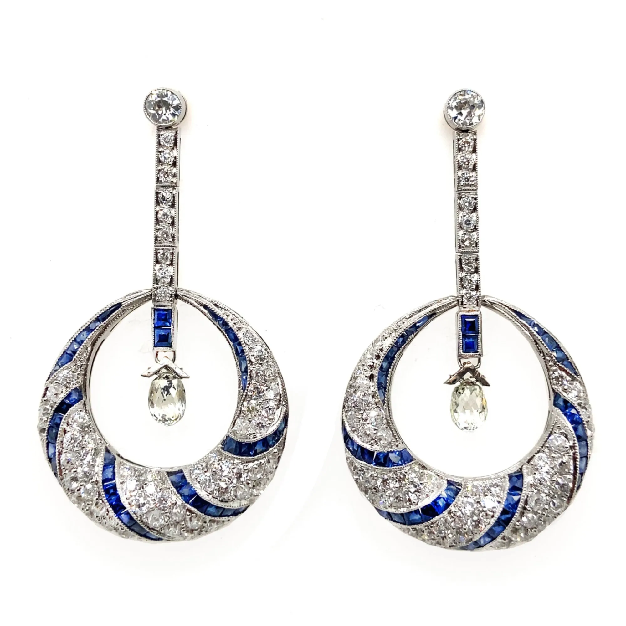 Art Déco platinum diamond and sapphire briolette earrings.