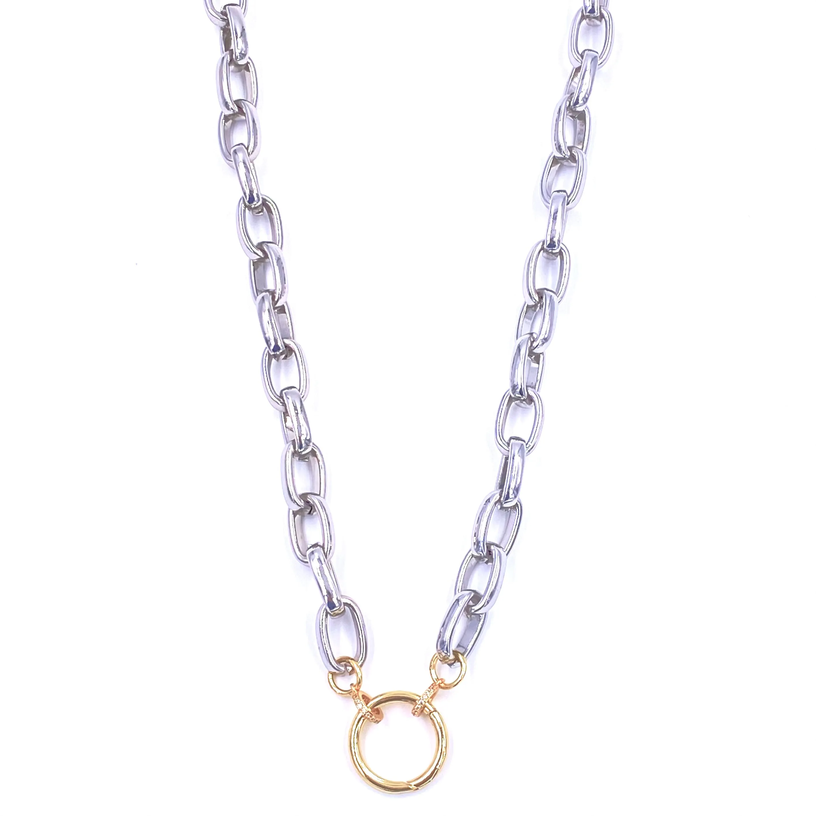 Ashley Gold Stainless Steel Gold Plated Mixed Metal CZ Center Circle Clasp Design Necklace