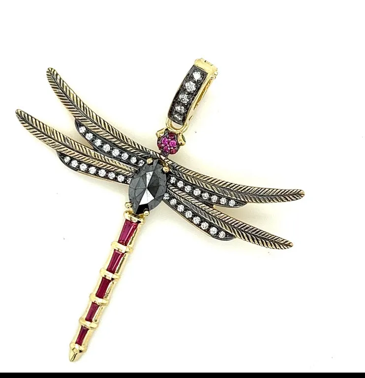 Black Diamond Dragonfly Charm in 18kt Green Gold