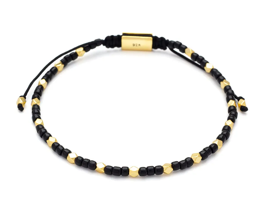 Black Glass & Gold Vermeil Accent Beads Pull Cord Bracelet