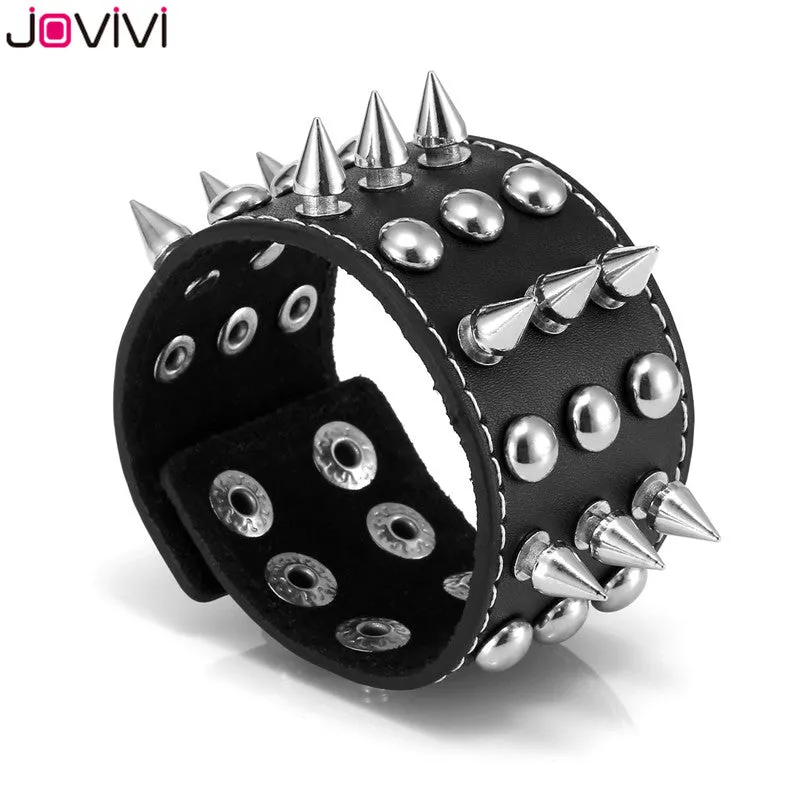 Black Leather Bracelet w/ 3 Rows of Spike and Rivet Details