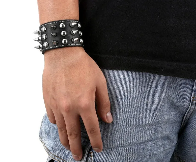 Black Leather Bracelet w/ 3 Rows of Spike and Rivet Details