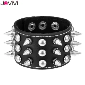 Black Leather Bracelet w/ 3 Rows of Spike and Rivet Details