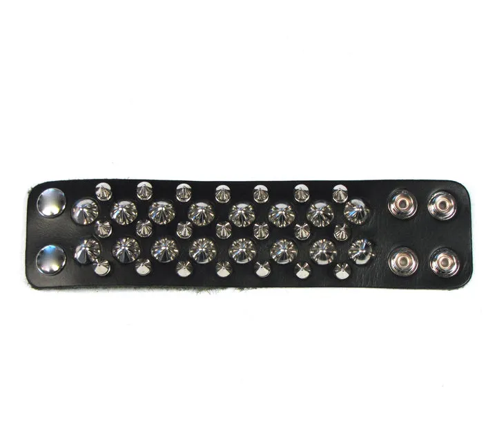 Black Leather Bracelet w/ 5 Rows of Silver Cones and Spikes