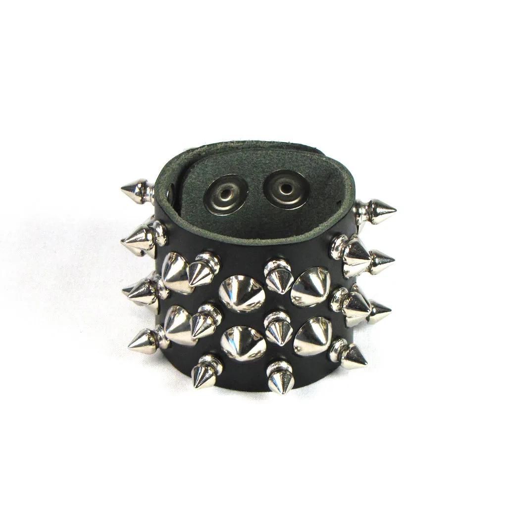 Black Leather Bracelet w/ 5 Rows of Silver Cones and Spikes