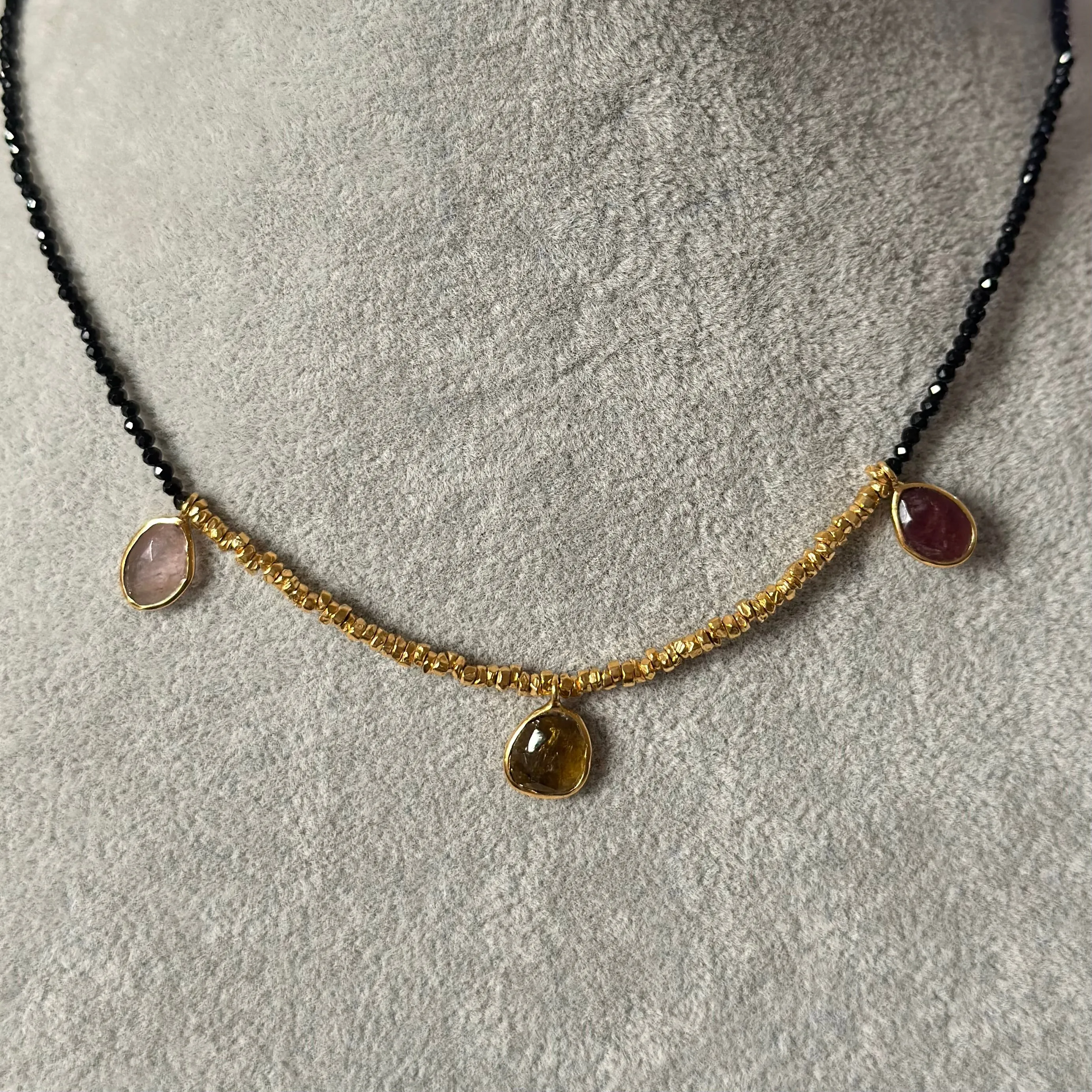 Black Spinel Necklace with Gold Plated Silver Beads and Tourmaline Drops