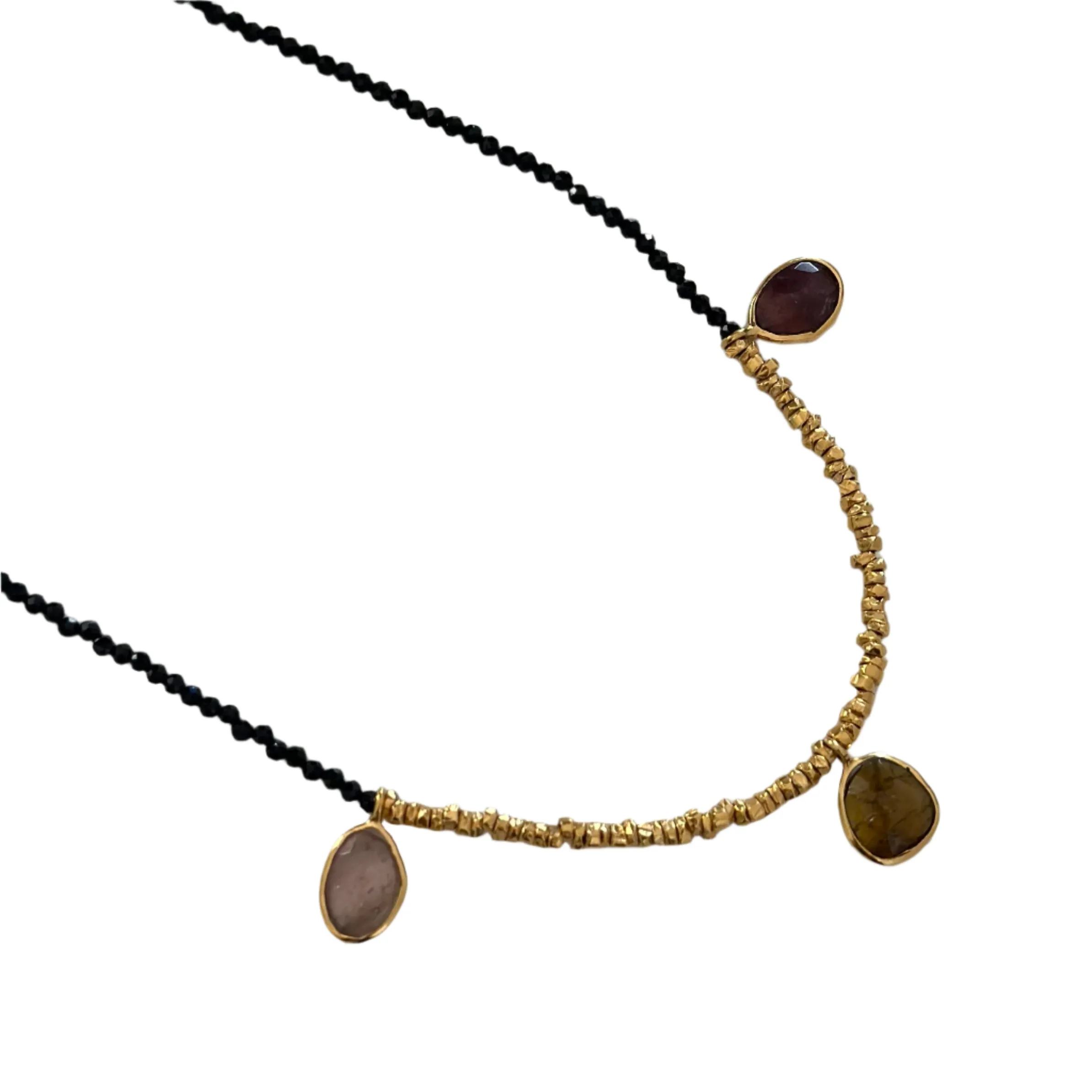 Black Spinel Necklace with Gold Plated Silver Beads and Tourmaline Drops