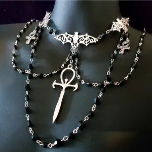 Black/Silver Rosary Layered Necklace w/ Multi-Bat and Ankh Detail