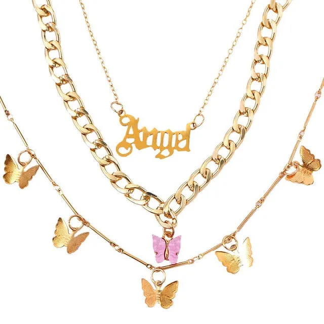 Bohemian Multilayer Necklace for Women Men | Multilayer Boho Jewelry | Kpop Double layer Chain Gold Butterfly Cross Crystal Chokers Necklace